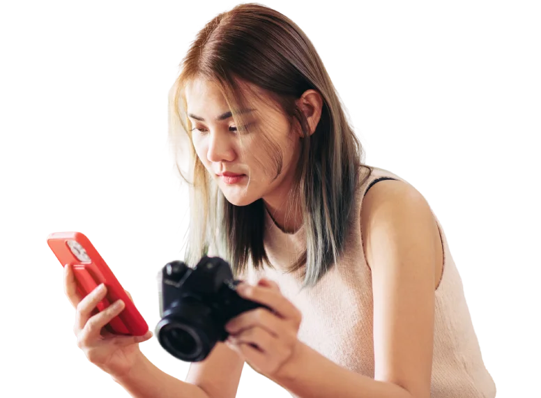 CoD-CC-Hero Content creator with camera looking at phone