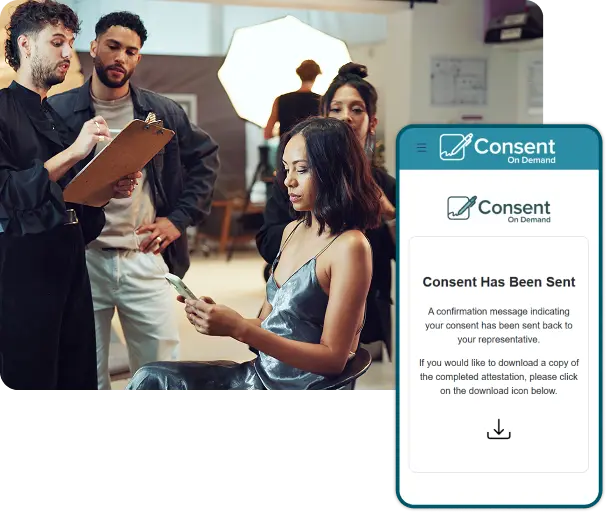 A display of a phone demonstrating Consent on Demand in action, over a actress getting her hair done working on her phone
